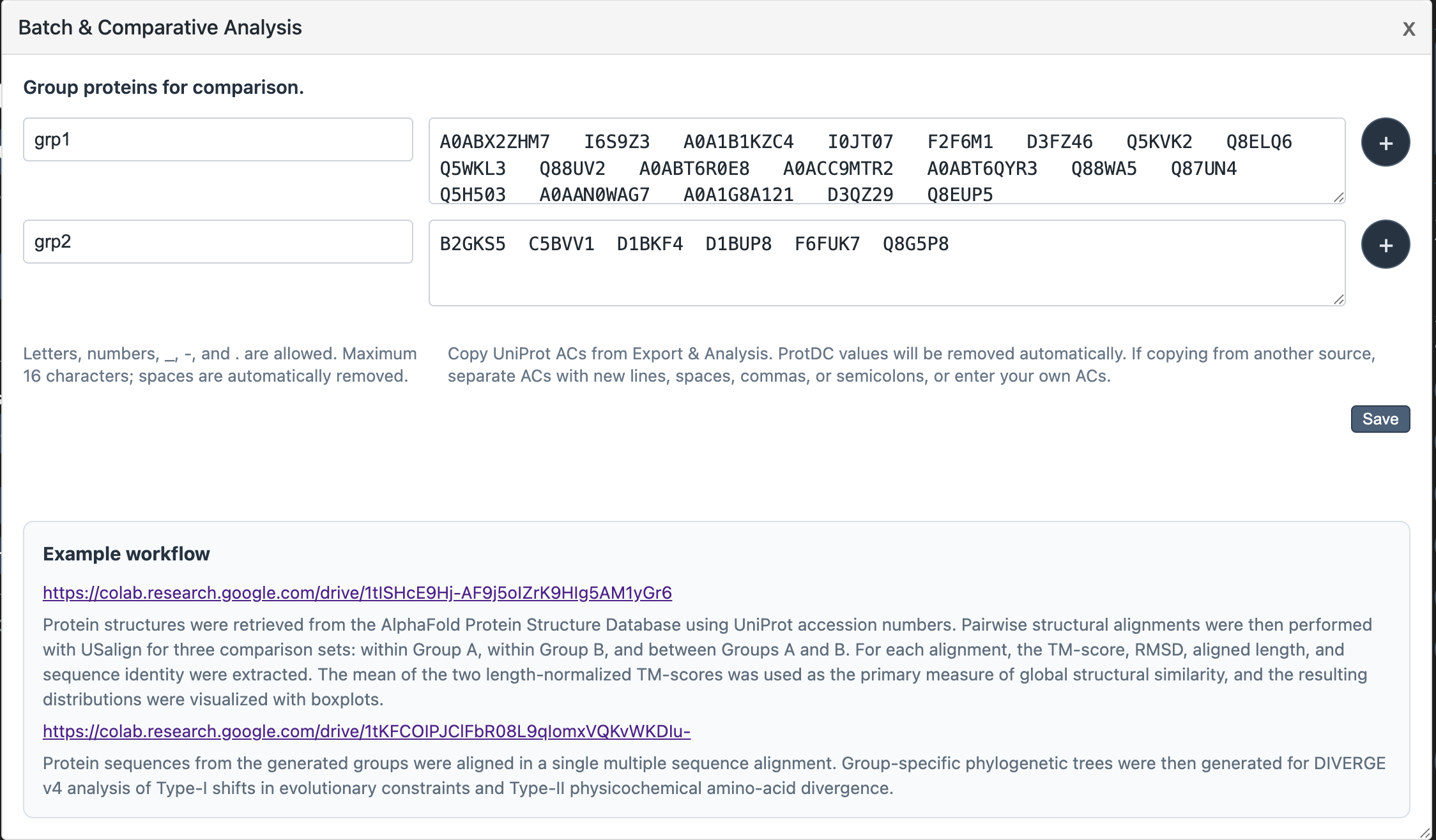 Batch and
            Comparative Analysis popup for creating UniProt accession
            groups and saving group files