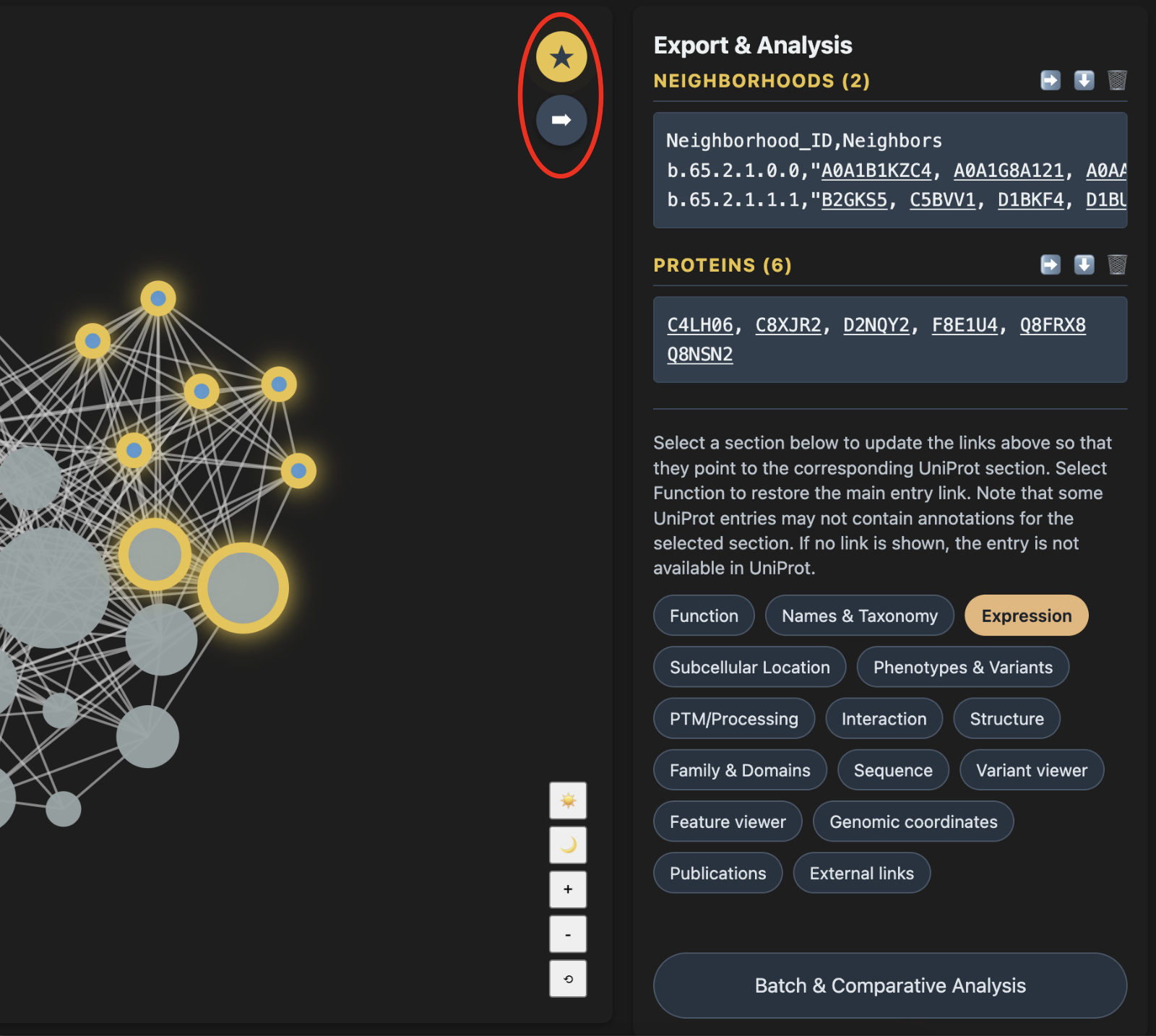 Export and
            Analysis panel with UniProt section buttons; Sort by ProtDC
            and Expression button annotated