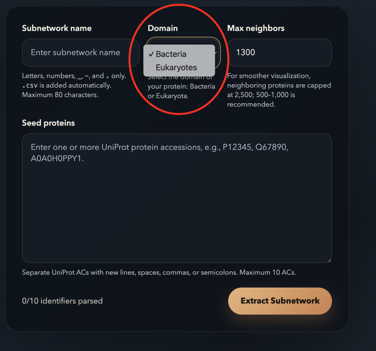 Subnetwork extraction form with each field annotated