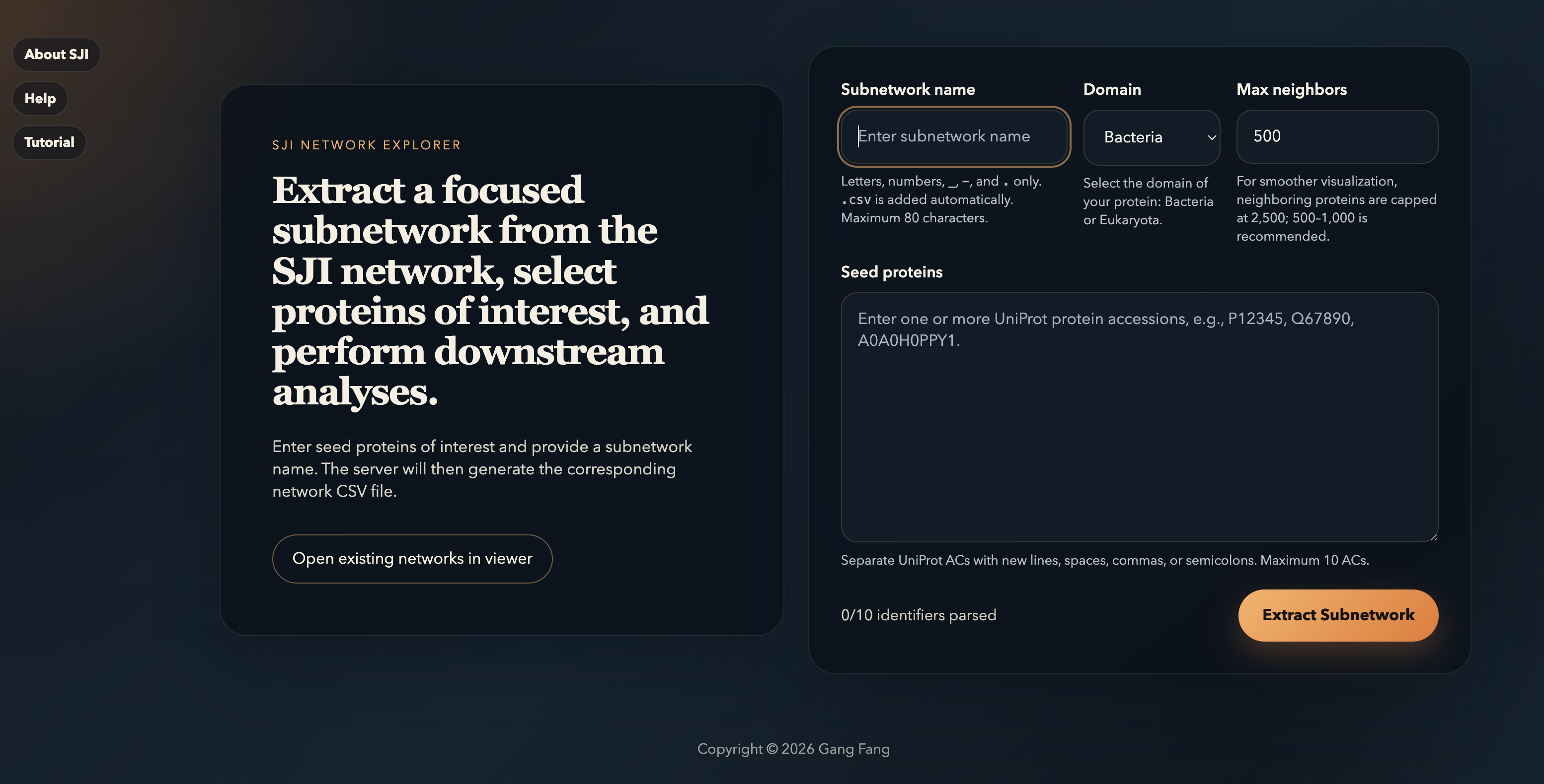Landing page
            of SJI Network Explorer with navigation and extraction form
            circled