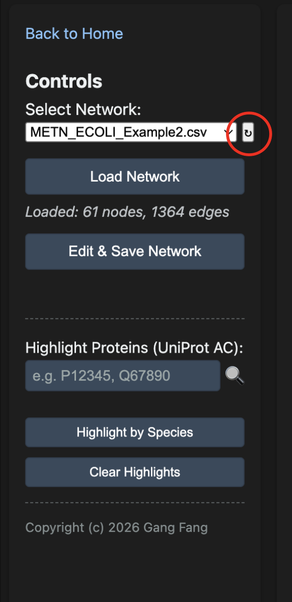 Viewer left control panel with network selector, Load
            Network, Edit & Save, Highlight, and Clear buttons
            annotated