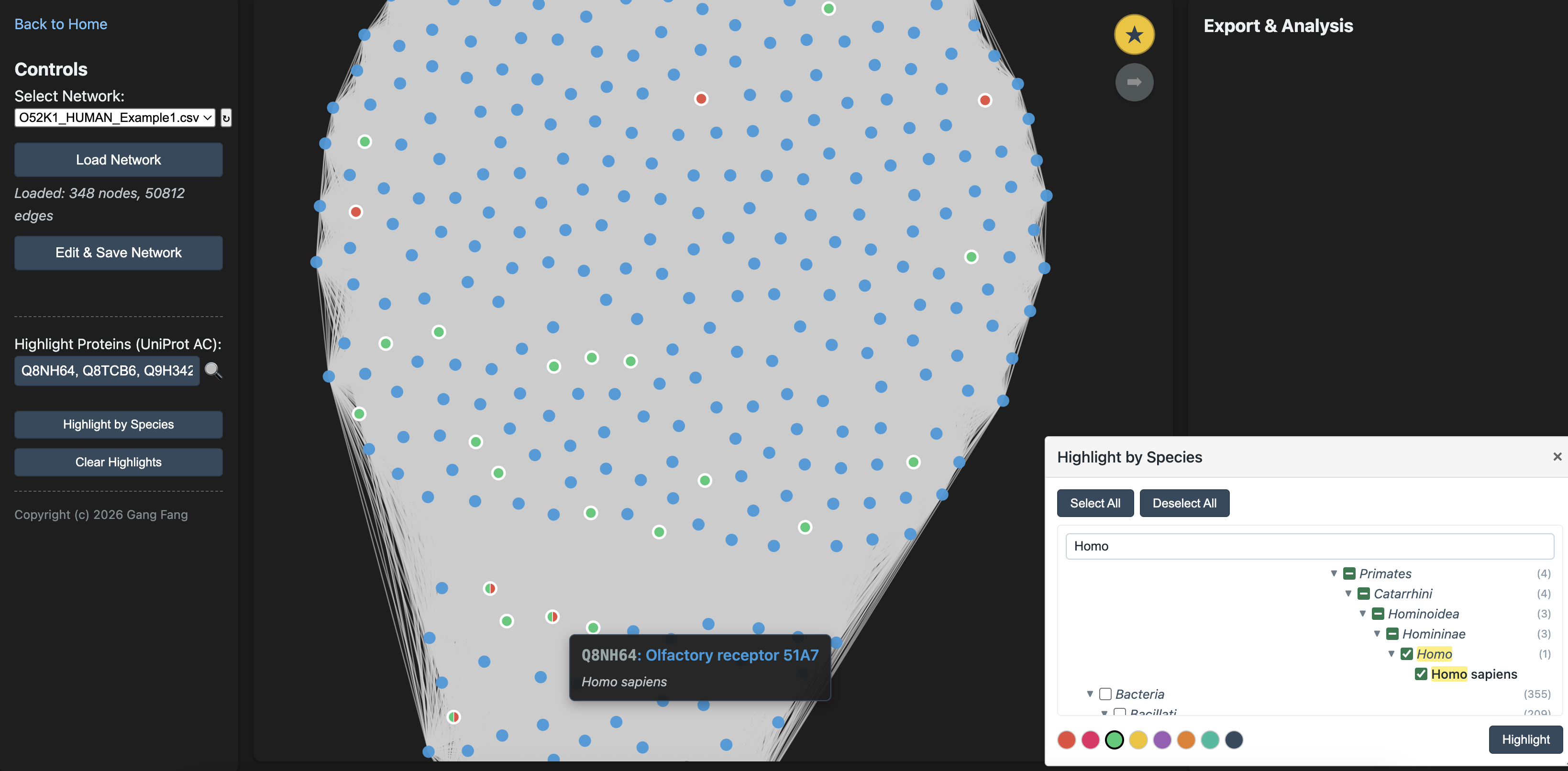 Network with proteins highlighted in yellow on the
            right side