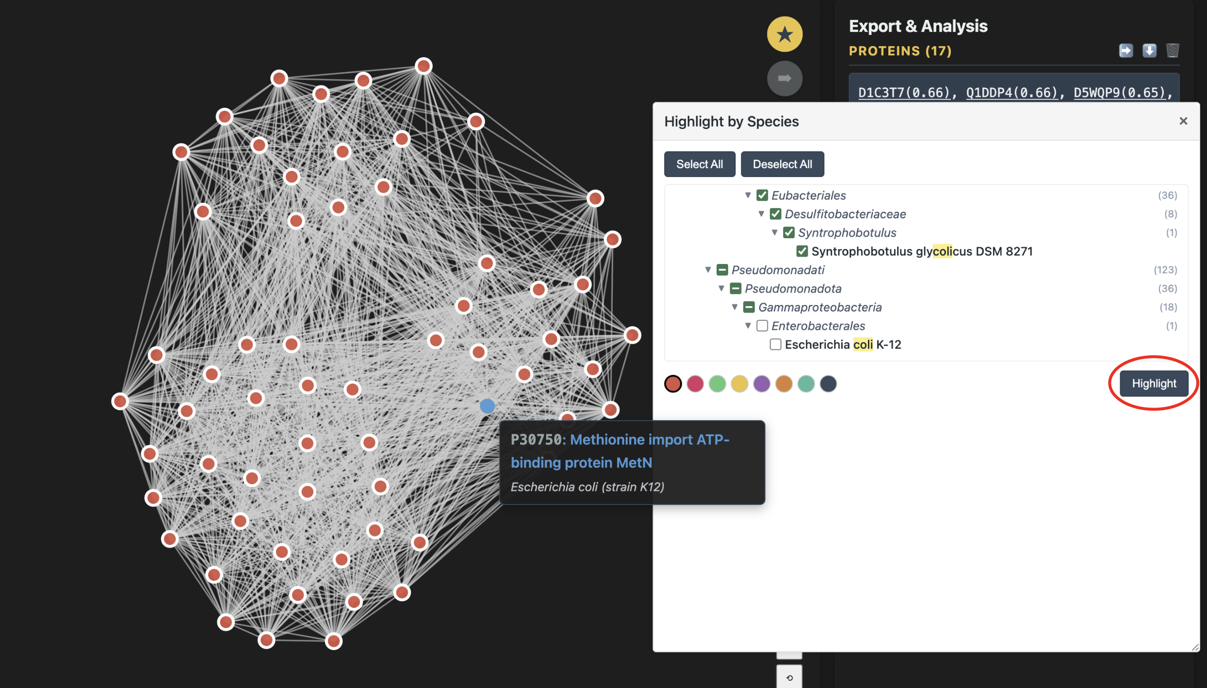 Highlight by Species panel showing taxonomic tree with
            E. coli K-12 highlighted in the network