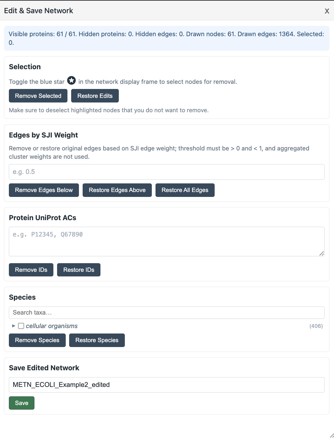 Edit and Save Network popup showing selection, SJI edge
            filtering, UniProt AC, species, and save controls
