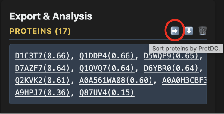 Tooltip Sort proteins by ProtDC over the right-arrow
            icon